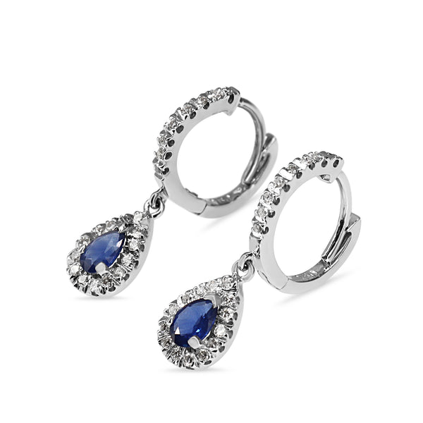 18ct White Gold Sapphire and Diamond Pear Shaped Halo Earrings