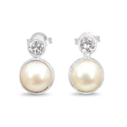18ct White Gold Mabé Pearl and Old Cut Diamond Stud Earrings