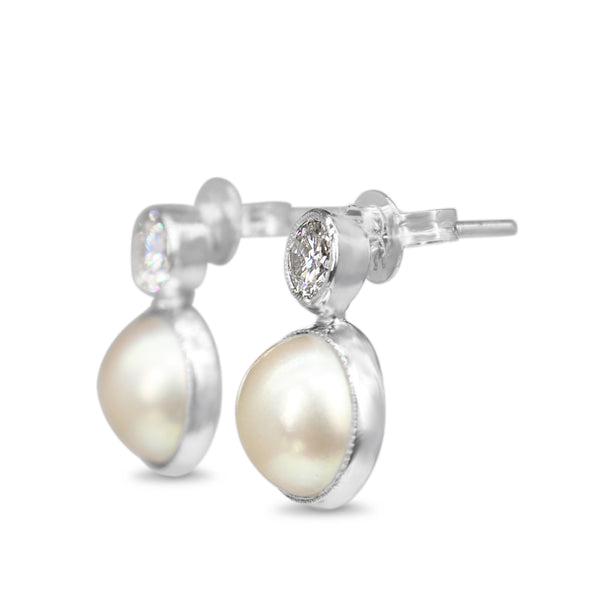 18ct White Gold Mabé Pearl and Old Cut Diamond Stud Earrings