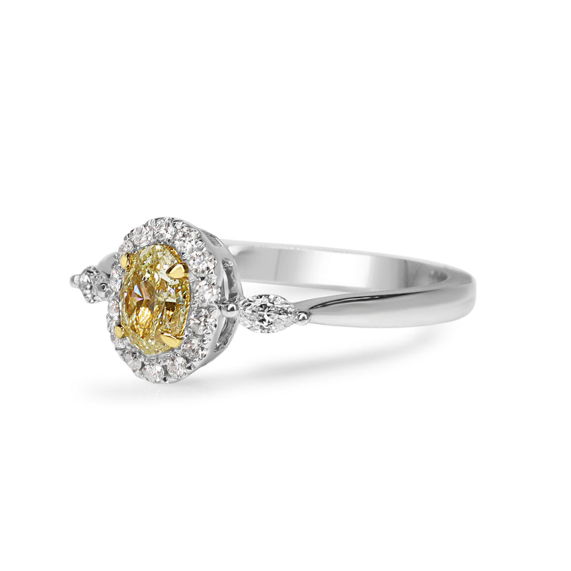 18ct White Gold Oval Yellow Diamond Halo Ring