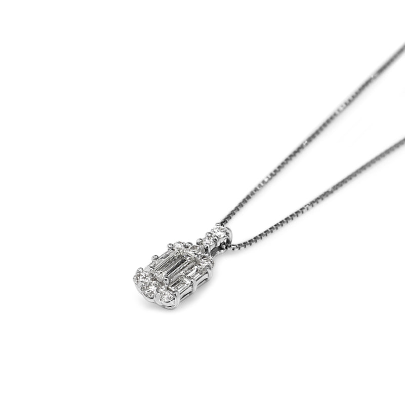 Platinum Baguette and Round Diamond Halo Necklace