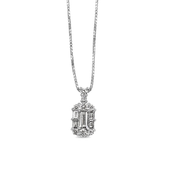 Platinum Baguette and Round Diamond Halo Necklace