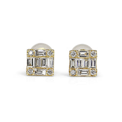 18ct Yellow Gold Baguette and Brilliant Cut Diamond Square Cluster Earrings
