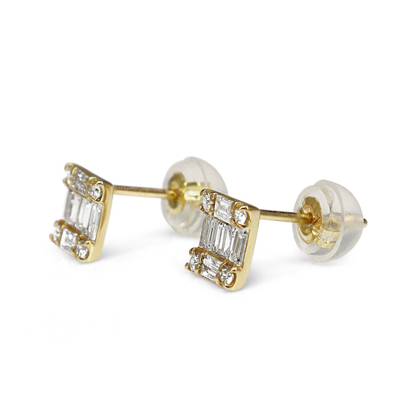 18ct Yellow Gold Baguette and Brilliant Cut Diamond Square Cluster Earrings