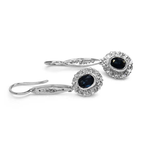 Palladium Vintage Sapphire and Diamond Drop Earrings