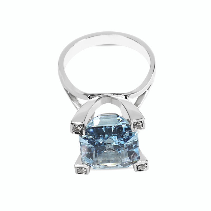 18ct White Gold Emerald Cut Aquamarine and Diamond Claw Cocktail Ring