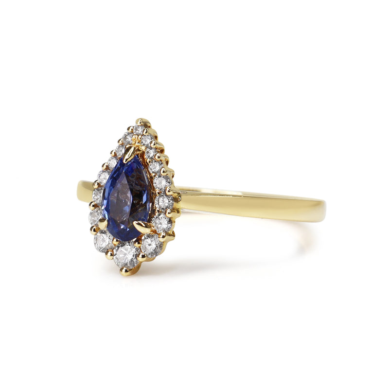 18ct Yellow Gold Pear Sapphire Graduated Halo Ring