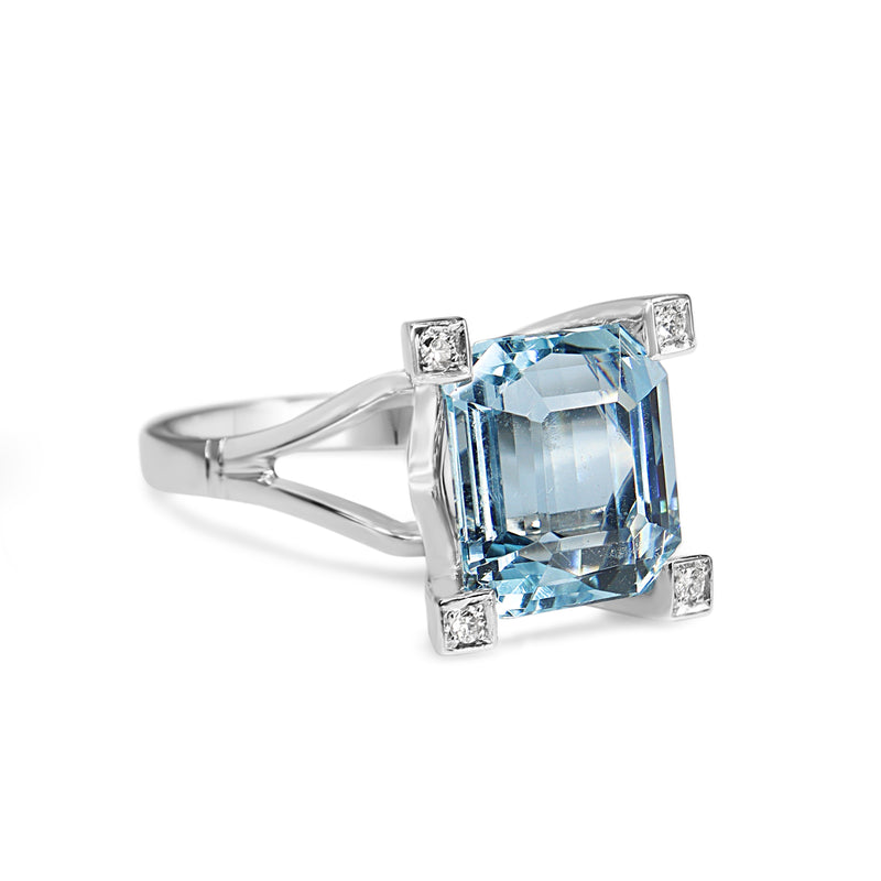 18ct White Gold Emerald Cut Aquamarine and Diamond Claw Cocktail Ring