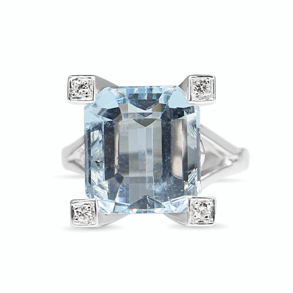 18ct White Gold Emerald Cut Aquamarine and Diamond Claw Cocktail Ring