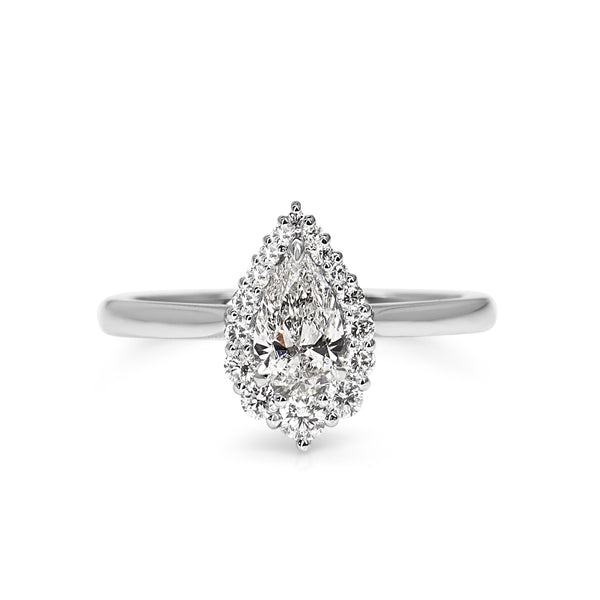 18ct White Gold Graduated Pear Diamond Halo Ring