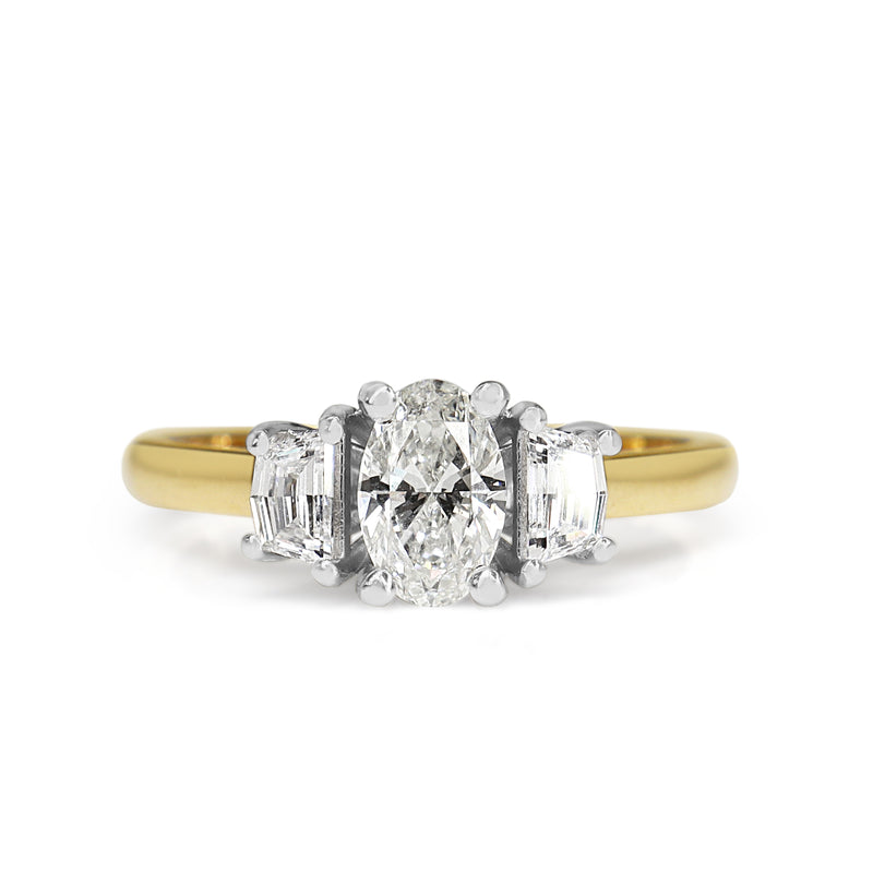 18ct Yellow and White Gold 3 Stone Oval and Cadillac Cut Diamond Ring