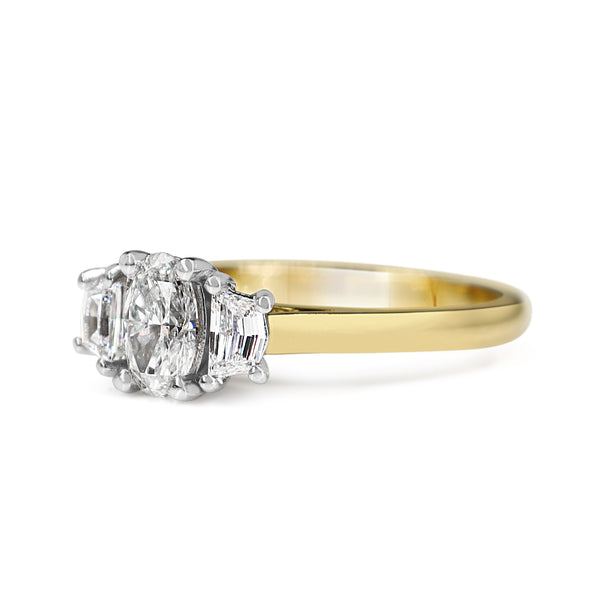 18ct Yellow and White Gold 3 Stone Oval and Cadillac Cut Diamond Ring