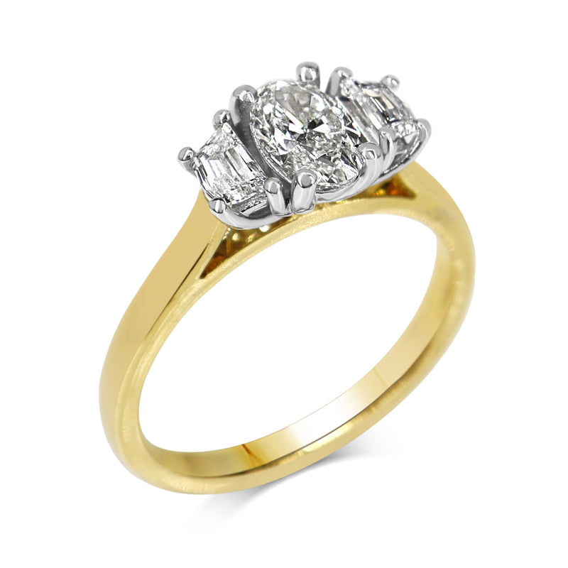 18ct Yellow and White Gold 3 Stone Oval and Cadillac Cut Diamond Ring
