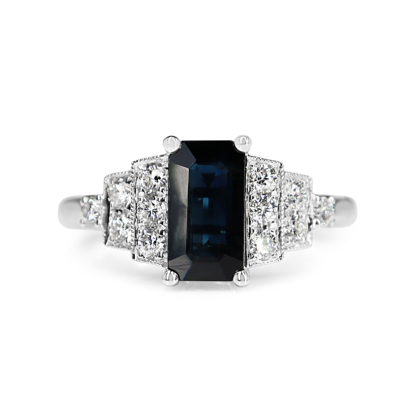 18ct White Gold Sapphire and Diamond Deco Style Ring