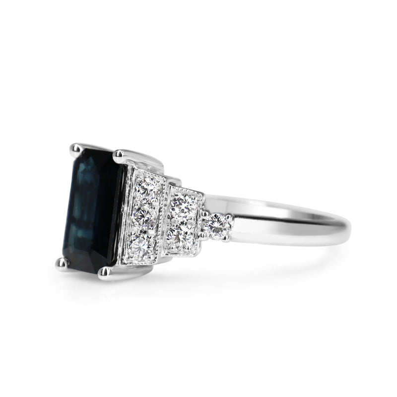 18ct White Gold Sapphire and Diamond Deco Style Ring