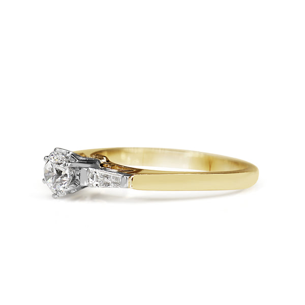 18ct Yellow and White Gold 3 Stone Brilliant and Baguette Cut Diamond Ring
