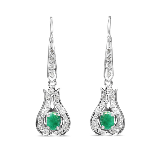 Palladium Emerald and Single Cut Diamond Deco Earrings
