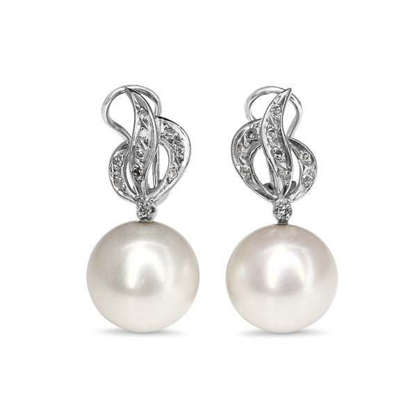 Palladium Vintage 12mm Fresh Water Pearl and Single Cut Diamond Earrings