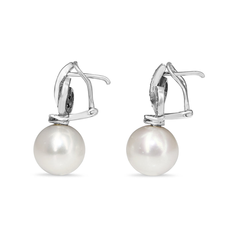 Palladium Vintage 12mm Fresh Water Pearl and Single Cut Diamond Earrings