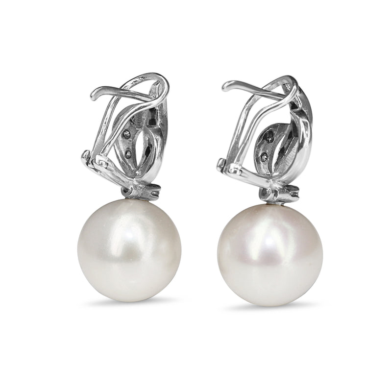 Palladium Vintage 12mm Fresh Water Pearl and Single Cut Diamond Earrings