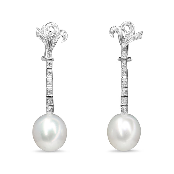 Palladium Deco Vintage Single Cut Diamond and 12mm South Sea Pearl Earrings