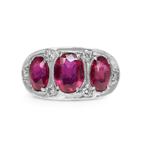 18ct White Gold and Platinum 3 Stone Ruby and Diamond Ring