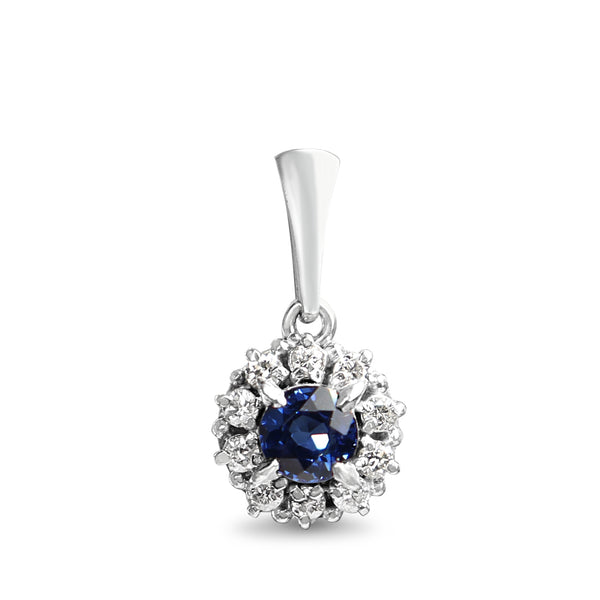 Platinum Sapphire and Diamond Halo Pendant