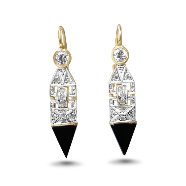 18ct Yellow and White Gold Antique Onyx and Diamond Earrings