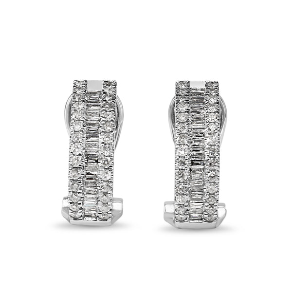 10ct White Gold Baguette and Brilliant Cut Half Hoop Diamond Earrings