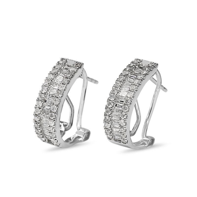 10ct White Gold Baguette and Brilliant Cut Half Hoop Diamond Earrings