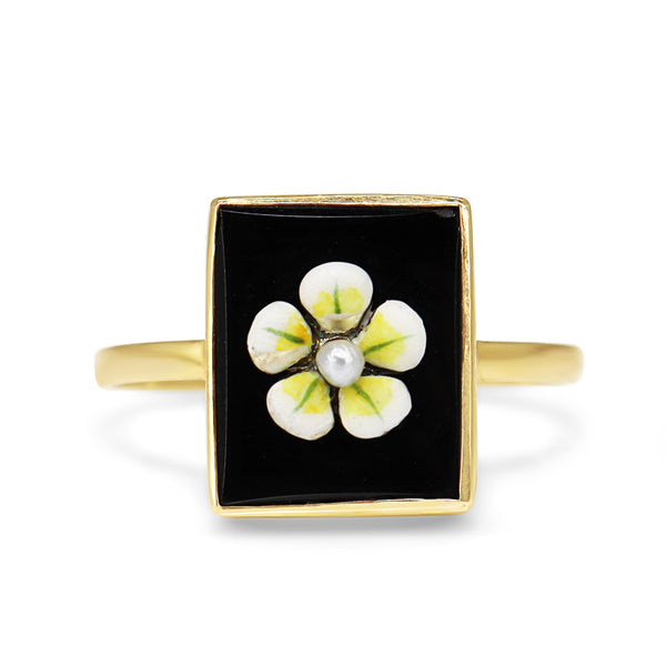 14ct Yellow Gold Vintage Onyx, Enamel and Seed Pearl Flower Ring