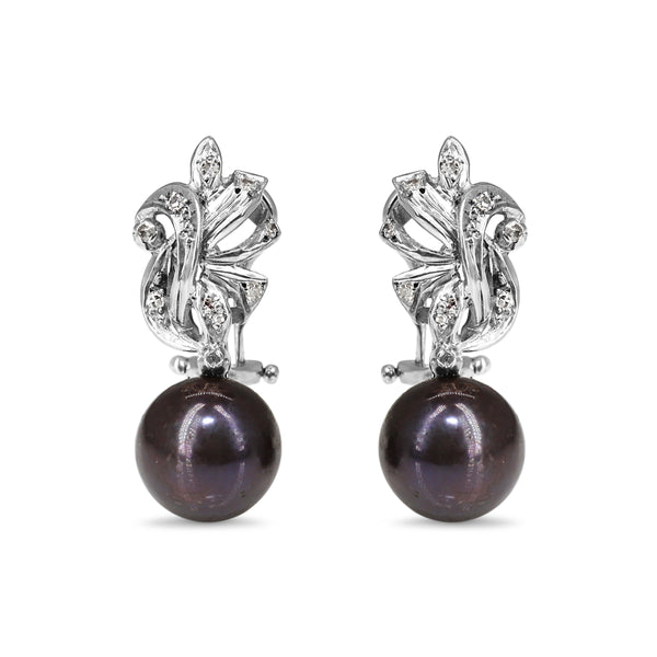 Palladium Vintage Black Fresh Water Pearl and Single Cut Diamond Earrings