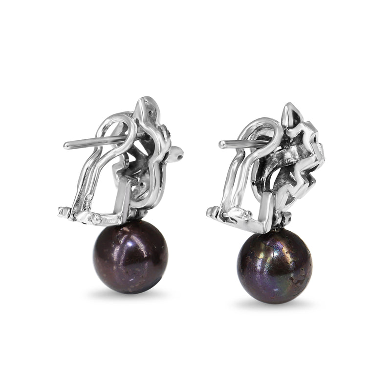 Palladium Vintage Black Fresh Water Pearl and Single Cut Diamond Earrings