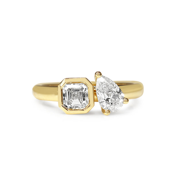 18ct Yellow Gold Asscher and Pear Diamond Moi et Toi Ring