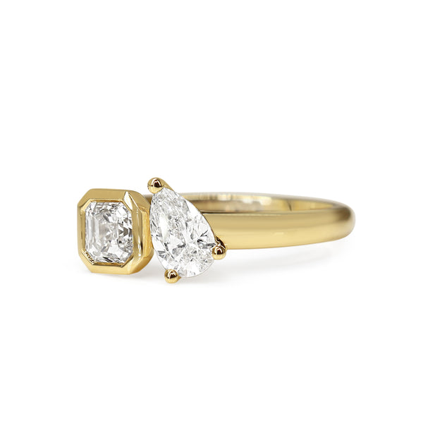 18ct Yellow Gold Asscher and Pear Diamond Moi et Toi Ring