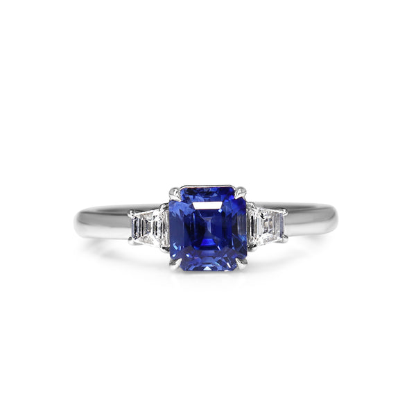 18ct White Gold Asscher Cut Sapphire and Step Cut Trapezoid Diamond 3 Stone Ring