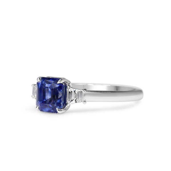 18ct White Gold Asscher Cut Sapphire and Step Cut Trapezoid Diamond 3 Stone Ring