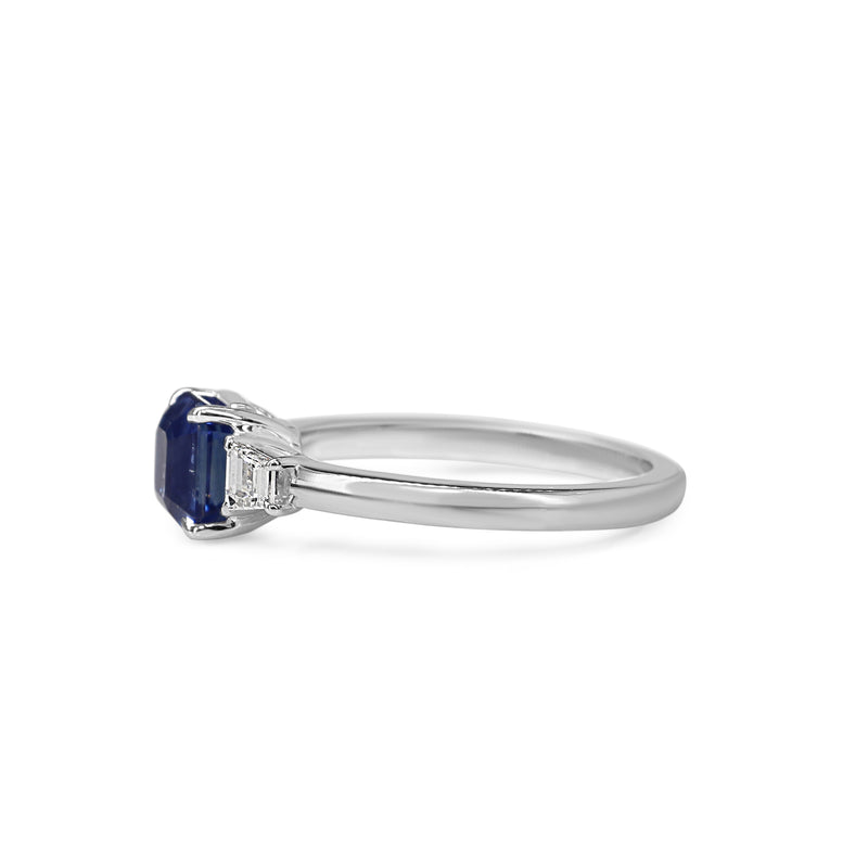 18ct White Gold Asscher Cut Sapphire and Step Cut Trapezoid Diamond 3 Stone Ring