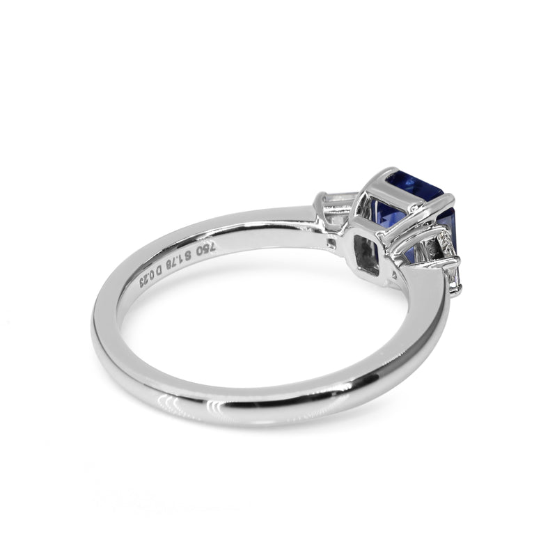 18ct White Gold Asscher Cut Sapphire and Step Cut Trapezoid Diamond 3 Stone Ring