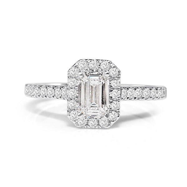 18ct White Gold Emerald Cut Halo Ring