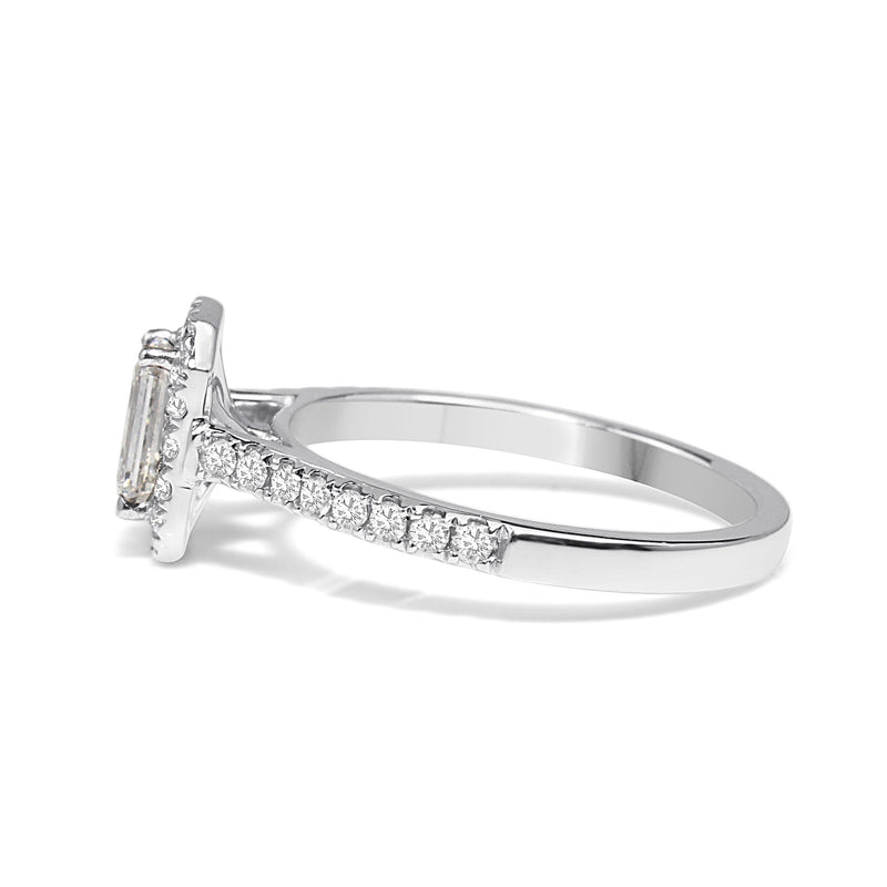18ct White Gold Emerald Cut Halo Ring