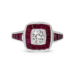 18ct White Gold Cushion Cut Diamond and Channel Set Ruby Ring