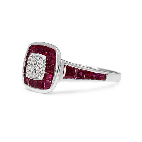 18ct White Gold Cushion Cut Diamond and Channel Set Ruby Ring