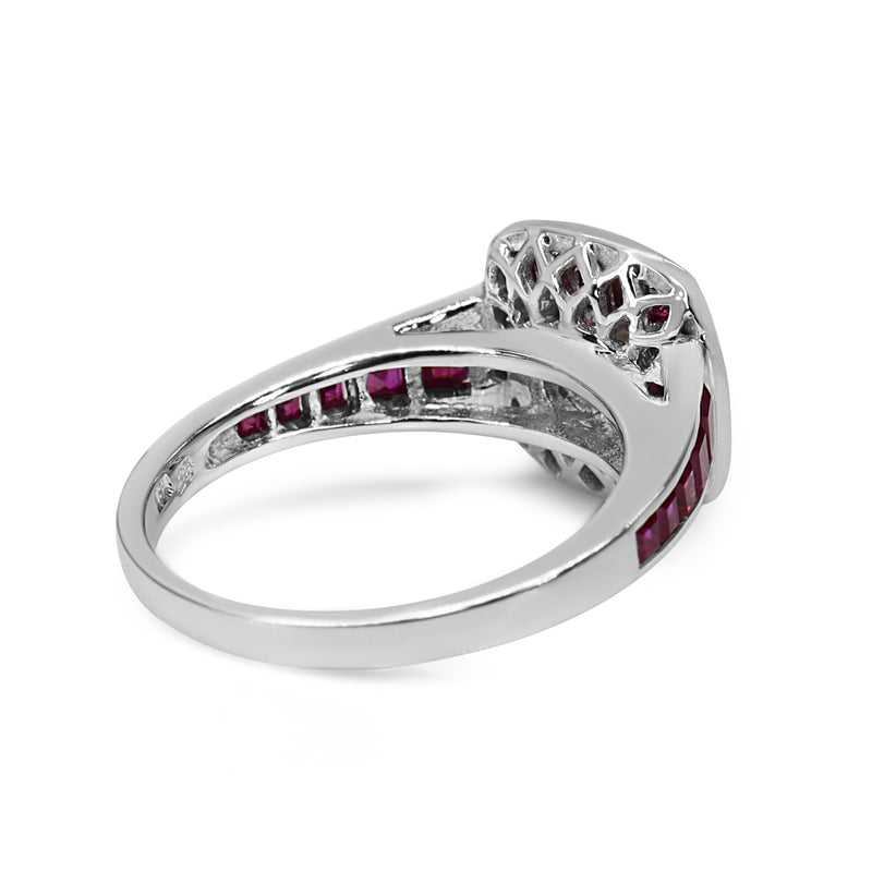18ct White Gold Cushion Cut Diamond and Channel Set Ruby Ring