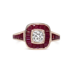 18ct Rose Gold Cushion Cut Diamond and Channel Set Ruby Halo Ring