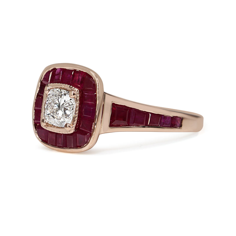 18ct Rose Gold Cushion Cut Diamond and Channel Set Ruby Halo Ring