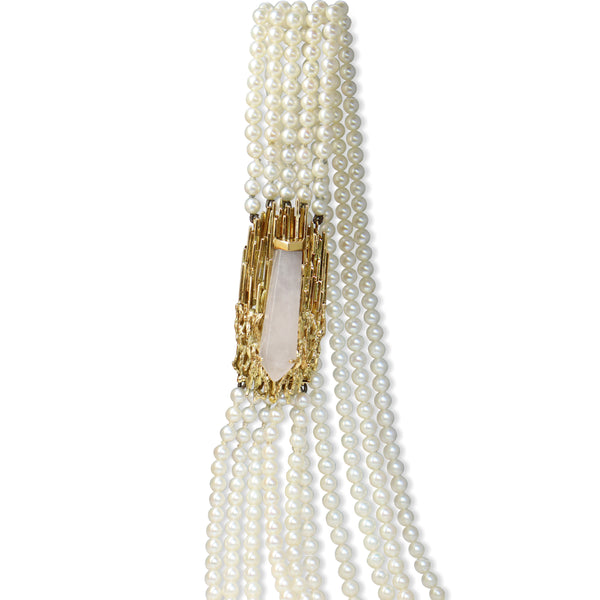 14ct Yellow Gold Rose Quartz and Akoya Pearl 5 Strand Necklace