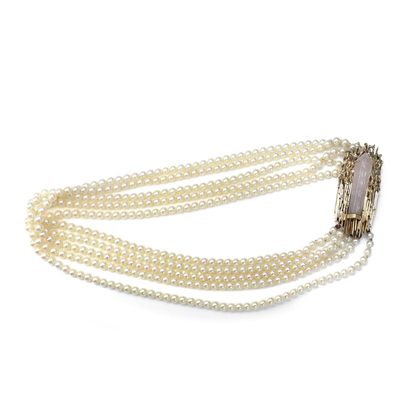 14ct Yellow Gold Rose Quartz and Akoya Pearl 5 Strand Necklace