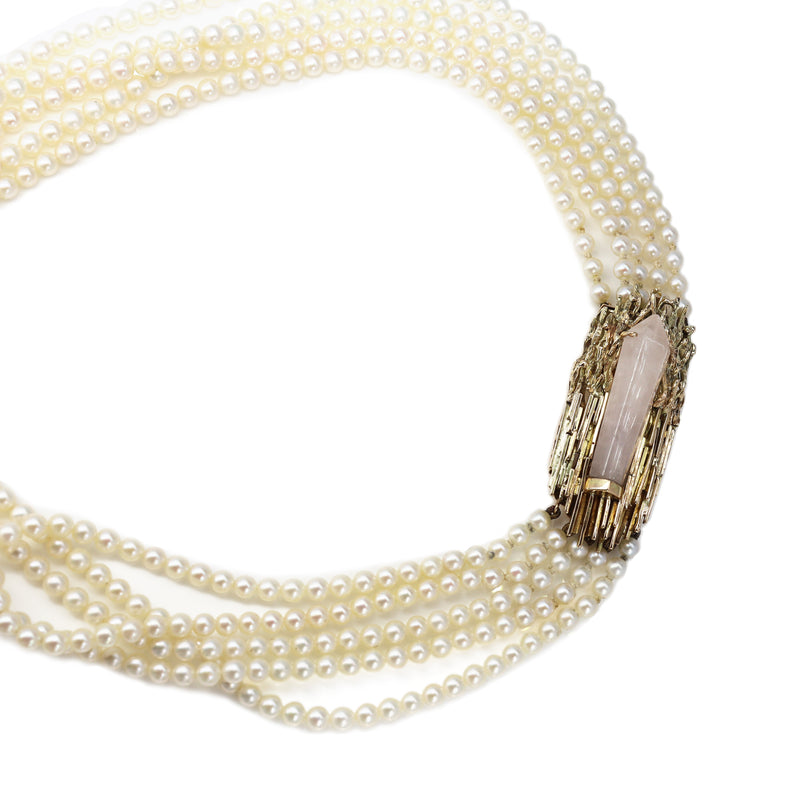 14ct Yellow Gold Rose Quartz and Akoya Pearl 5 Strand Necklace