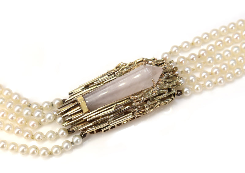 14ct Yellow Gold Rose Quartz and Akoya Pearl 5 Strand Necklace